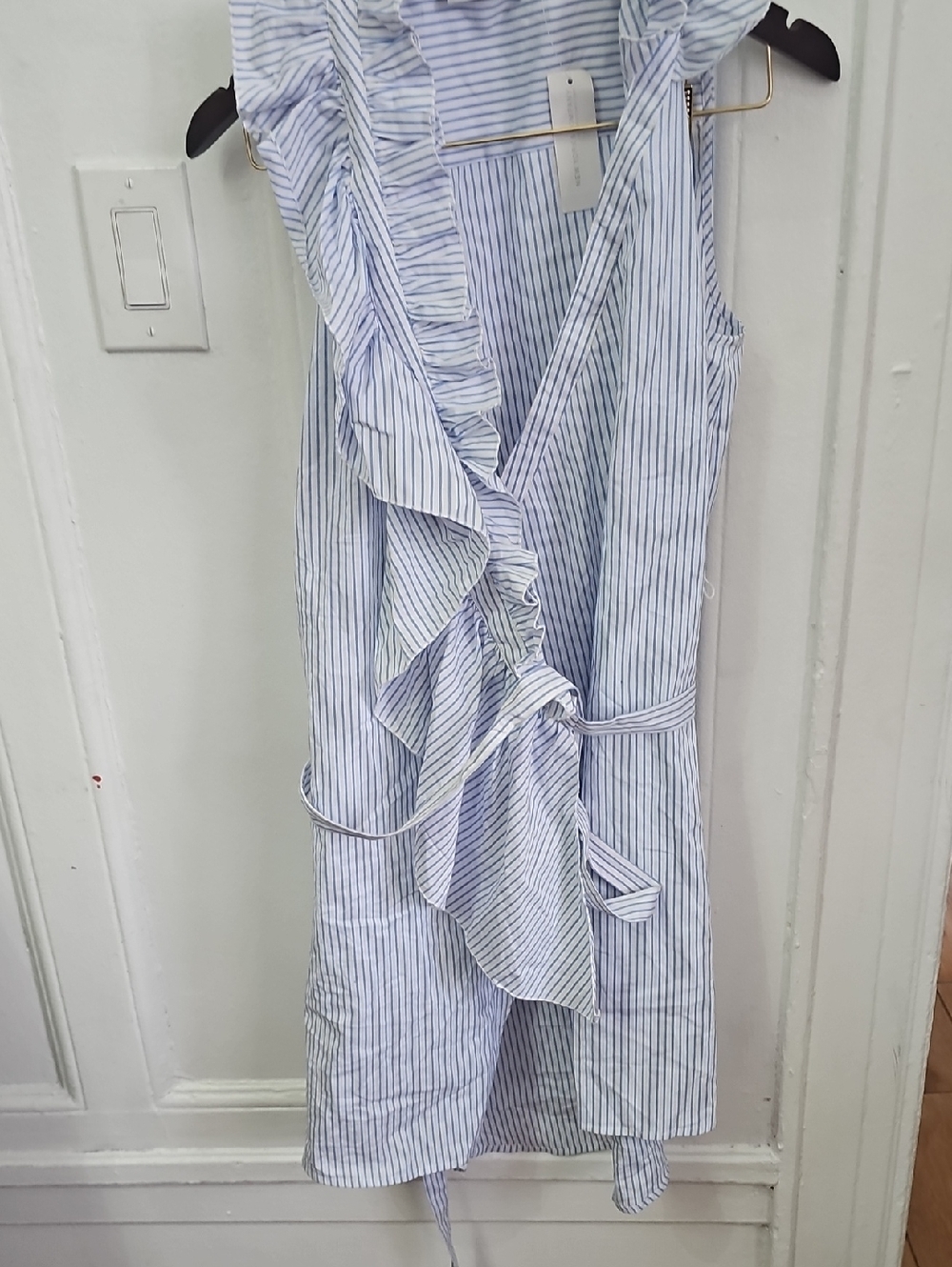 New York & Company Blue and White Striped Ruffle Wrap Dress